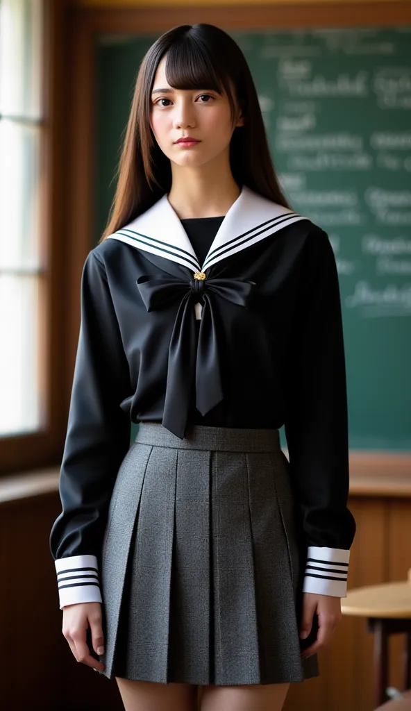 Luxurious jet-black fabric、White silk sailor collar and cuffs、with breastplate、Three white stripes、 gold border、Carefully rolled up cuffs、 shirt:High-quality white cotton、 with collar、 Long Sleeve、Carefully fastened to the first button、High-quality grey wo...