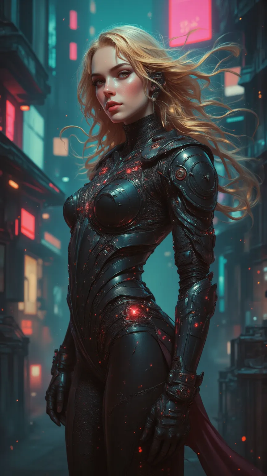 full body, full body拍摄，Cyberpunk women，fear ，sci-fi，future，armor，sexy，long golden hair，Wayne Reynolds draws，in a highly detailed and dynamic style, 