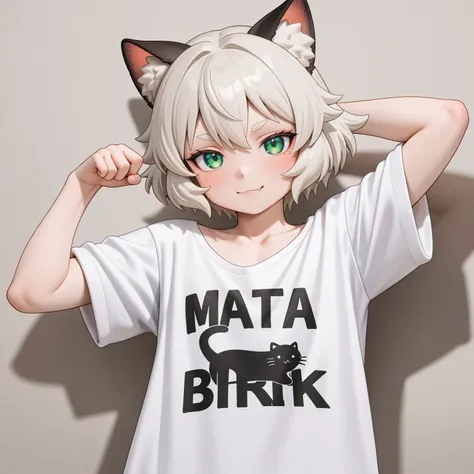 1 girl Solo , short hair , looking at viewer with cute face , cat ears , animal ear fluffy , oversized t shirt, mata biru  , anatomi terbaik , lean , flat chest , sexy , petite , pose menarik