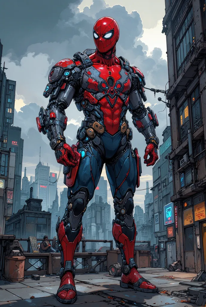 Spider-man in normal costume with red and blue technological details