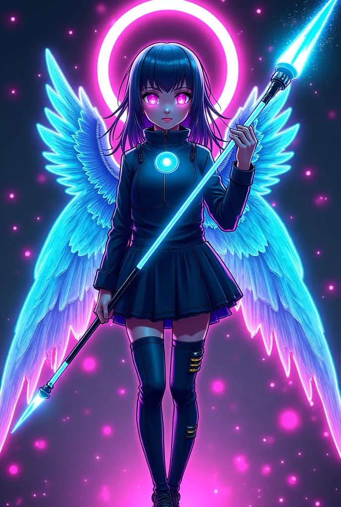 "A digital-inspired anime sticker featuring a cyber angel with pixelated, glitchy wings and a holographic halo. Her eyes glow with a futuristic light, and she hovers in mid-air with a high-tech spear crackling with energy. The design has neon blues and pur...