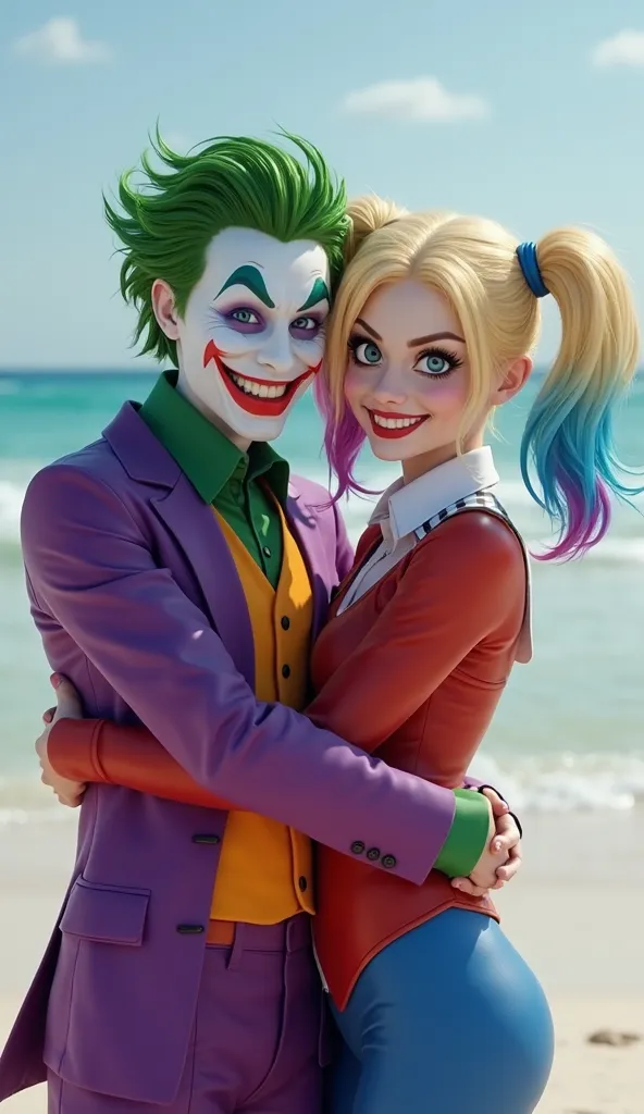 Two Characters Standing Hugging Each Other With Cheerful Smiling Faces On The Beach With The Ocean In The Background. The male characters have green hair, white skin, and a painted face with a red smile and blue eye makeup, dressed in a purple suit with an...