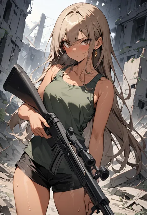 ((greatest masterpiece,Ultra High Quality:1.2)),(super resolution),(solo),cowboy shot,Slender, slender high school student holding a rifle and standing at the ruins,beautiful face, healthy tan skin ,light brown straight long hair,Perfect brown eyes, seriou...