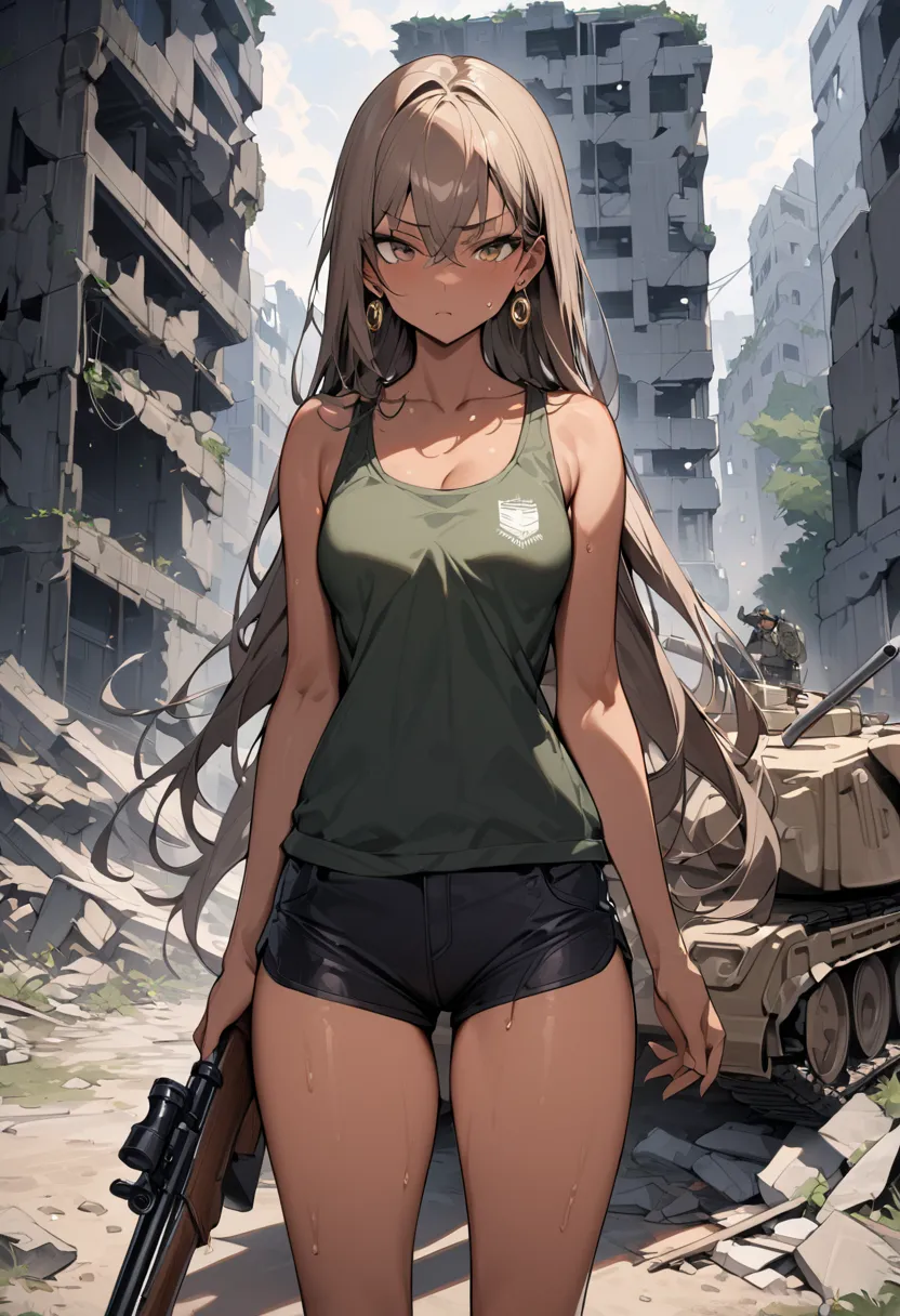 ((greatest masterpiece,Ultra High Quality:1.2)),(super resolution),(solo),cowboy shot,Slender, slender high school student holding a rifle and standing at the ruins,beautiful face, healthy tan skin ,light brown straight long hair,Perfect brown eyes, seriou...