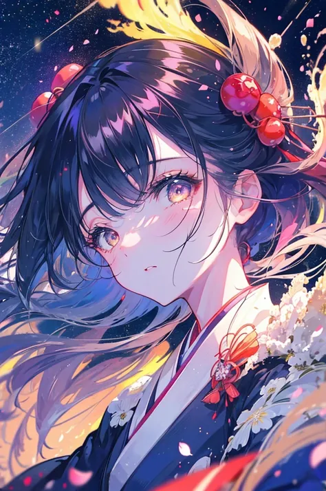 1girl, a distant girl kiss girl in a kimono gazing at the stars, (zoomed: 1.1), (meteor shower: 1.2), (comet: 1.1), your name, low angle, from behind, Northern Lights, meteors, yukata, red kimono, cherry blossoms, standing in the field, best quality, maste...