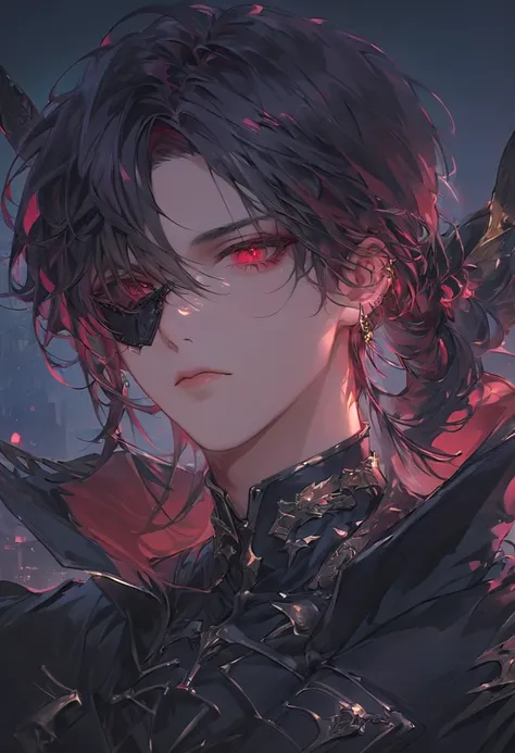 "A highly detailed, ultra-HD anime-style illustration of a male bounty hunter with distinctly human features. He has jet-black hair with silky highlights and intricate strands, flowing naturally with deep dark undertones. His sleek black eye patch covers h...