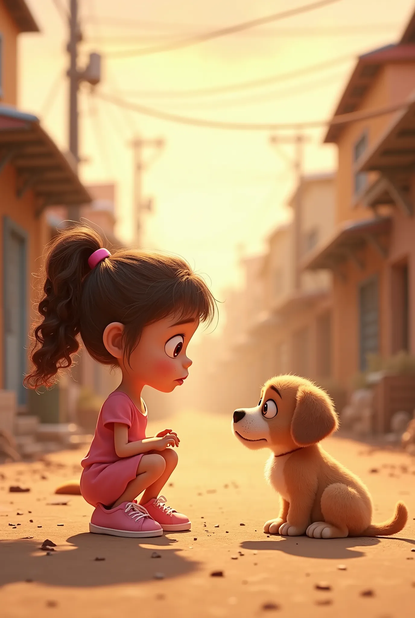 "A 3D cartoon-style , around six years old, stands in the middle of a dusty urban street, staring at a small, frail puppy sitting in front of her. She has curly brown hair tied in a ponytail, wearing a pink dress and matching pink sneakers. Her large, expr...