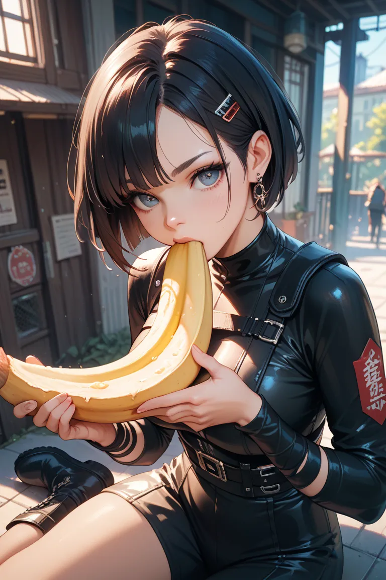 a girl with a black and straight short hair, wearing a black and small sexy ninja suits costume, eyes are downturned, wearing black boots,holding a big banana in her mouth 