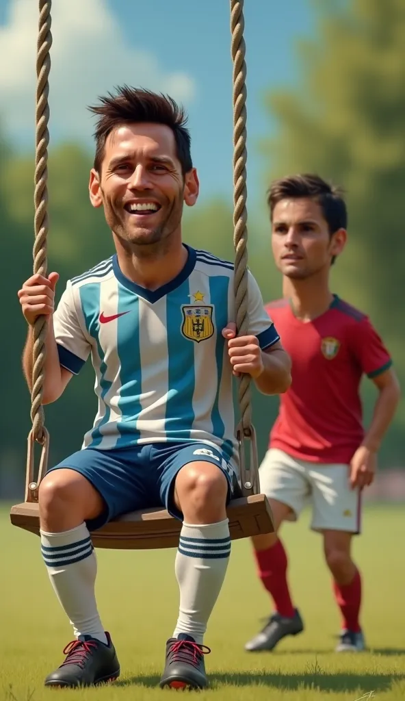 A hyper-realistic digital painting of Lionel Messi on a swing, already lifted high in the air, while Cristiano Ronaldo, standing behind him, looks grumpy and annoyed as he pushes the swing. Both players have miniature bodies with exaggeratedly large heads,...