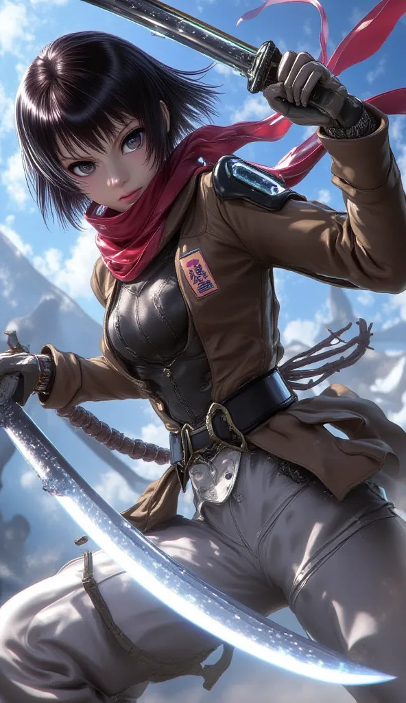 masterpiece, best quality, highres, hmmikasa, short hair, black eyes, scarf, emblem, belt, thigh strap, red scarf, white pants, brown jacket, long sleeves, holding weapon, sword, dual wielding, three-dimensional maneuver gear, fighting stance, sky,