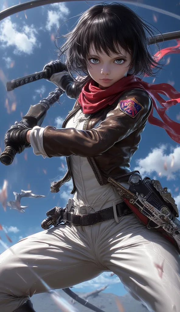 masterpiece, best quality, highres, hmmikasa, short hair, black eyes, scarf, emblem, belt, thigh strap, red scarf, white pants, brown jacket, long sleeves, holding weapon, sword, dual wielding, three-dimensional maneuver gear, fighting stance, sky,