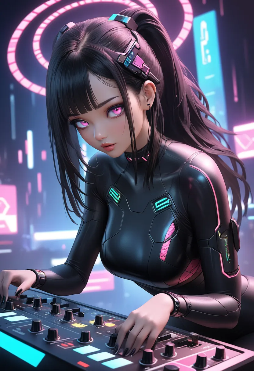 woman in futuristic costume playing music on a DJ mixer, cyberpunk vibes,  cyberpunk art style, digital cyberpunk - anime art, cyberpunk vibe, Cyberpunk Dark Synth, cyberpunk synth,  cyberpunk theme , digital cyberpunk anime art,  cyberpunk artstyle,  drea...