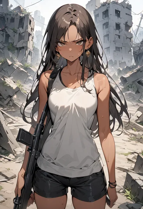 ((greatest masterpiece,Ultra High Quality:1.2)),(super resolution),(solo),cowboy shot,Slender, slender high school student holding a rifle and standing at the ruins,beautiful face, healthy tan skin ,light brown straight long hair,Perfect brown eyes, seriou...