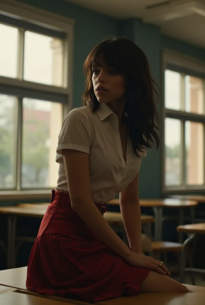 Jenna Ortega as a slutty british school student, classroom setting, leaning seductively on a school table, school uniform skirt hiked up, thigh highs, messy hair, alluring expression, dramatic lighting, cinematic composition, photorealistic, 8k, highly det...