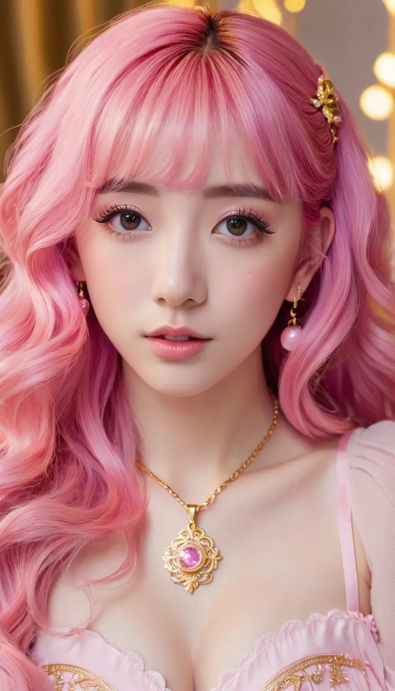 a close up of a person with pink hair near MM and a gold necklace, with pink hair near MM, Fairy Core, tic tok video, flowing pink hair near MM, lies in, very aesthetic!!!!!!, curly pink hair near MM, long flowing pink hair near MM, pink hair near MM, very...