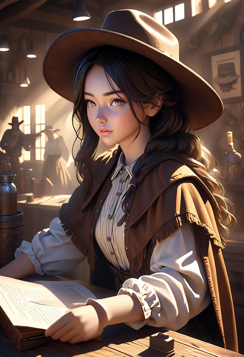  HYPER REALISTIC ONE GIRL IN OLD WEST CLOTHING, fantasy art, photorealistic, Dynamic Lighting, Art Station, very detailed face, 4K, Award-winning,