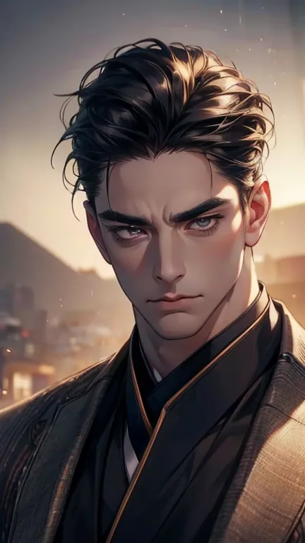 (    best quality,4K,8k,    highres,    masterpiece :1.2),    breasts    ,(Realistic,photoRealistic,photo-Realistic:1.37),36-year-old man,3 day beard,Beautiful anime,Portraits,strong,masculine,      with black hair  ,sharp jaw,        mesmerizing eyes     ...