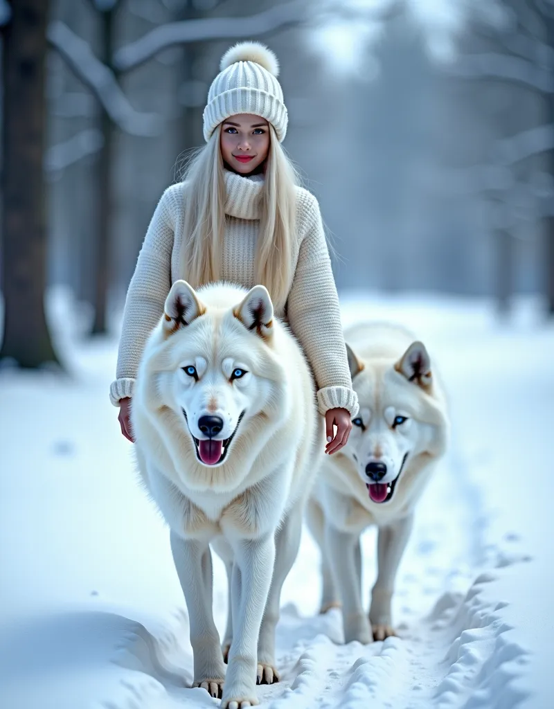 Snowy Christmas：1.3，Walking with a white wolf，Big Blue Moon，（tubuh penuh：1.5），（ Santa Claus Cosplay ），（Conquer the blue-eyed big wolf），in snow， rambut putih ：1.3，(mahakarya、 pencahayaan lembut 、 pencahayaan lembut 、Indah Secara Estetis:1.2)、(((White Christ...