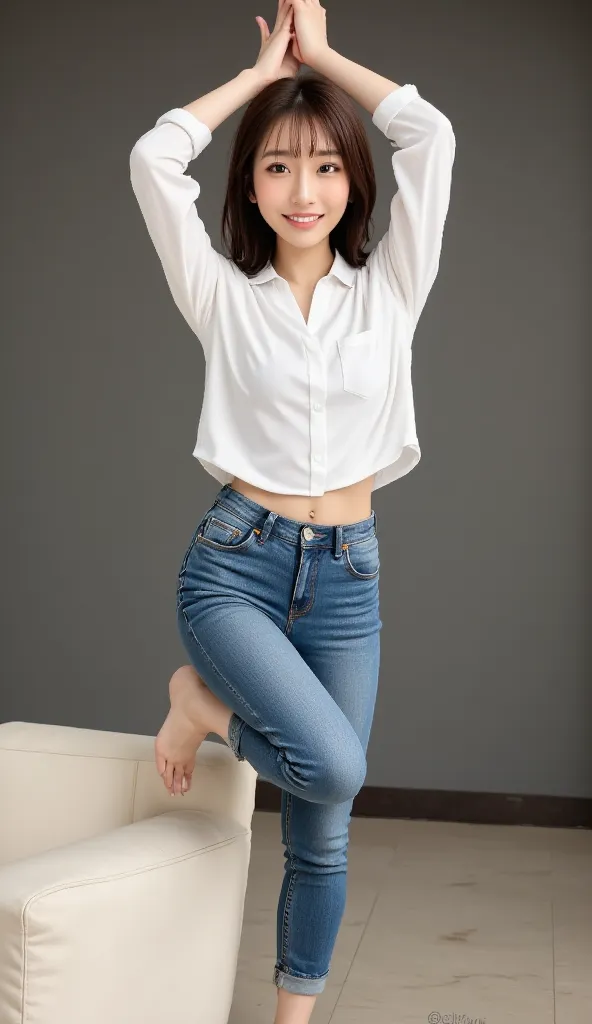 Yoga pose standing with one leg raised、white shirt、denim pants、 black hair、high quality Japanese woman、 Marunouchi OL、First-year working student、 laugh、LOL、happy expression、 full body image、4K Digital Photography、professional、Extremely fine texture、realist...