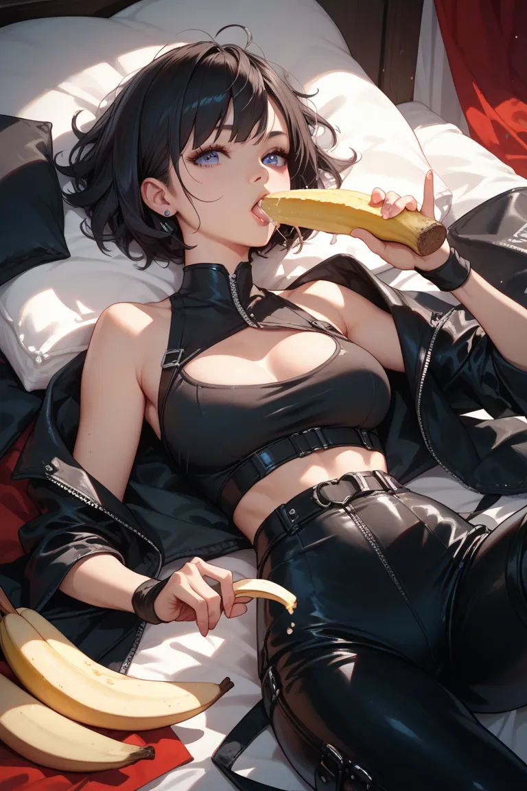 a girl with a black and straight short hair, wearing a black and small sexy ninja suits costume, eyes are downturned, wearing black boots,holding a big banana in her mouth, lying down