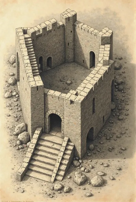 Schéma d’un donjon en pierre datant de 1180 avec : meurtrières, escalier pour accéder à l’entrée à 6 ou 8 mètres du sol, chemin de ronde doté de créneaux et de mâchicoulis, douves, tours d’angles, barbacane, porte munie de herse et d’un pont-levis. 