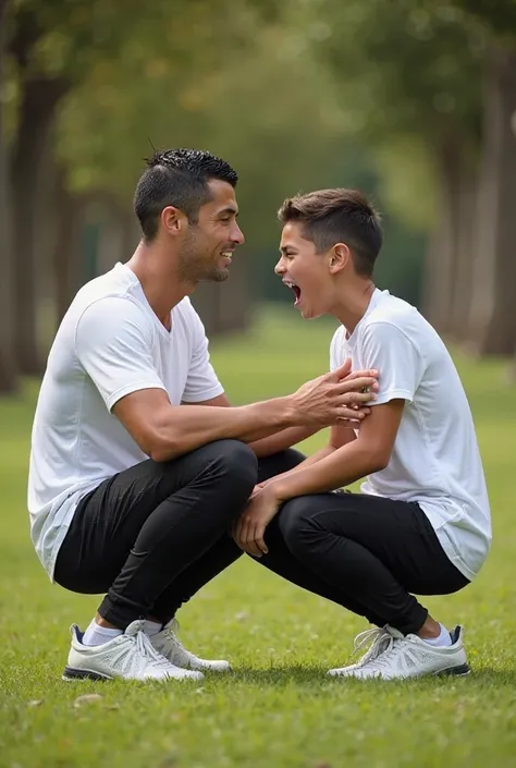 Cristiano Ronaldo Kneeling to Comfort the 
Cristiano Ronaldo crouches down in front of the crying boy, his expression gentle and reassuring. His white t-shirt clings to his athletic frame, and his black joggers and white running shoes remain clean despite ...