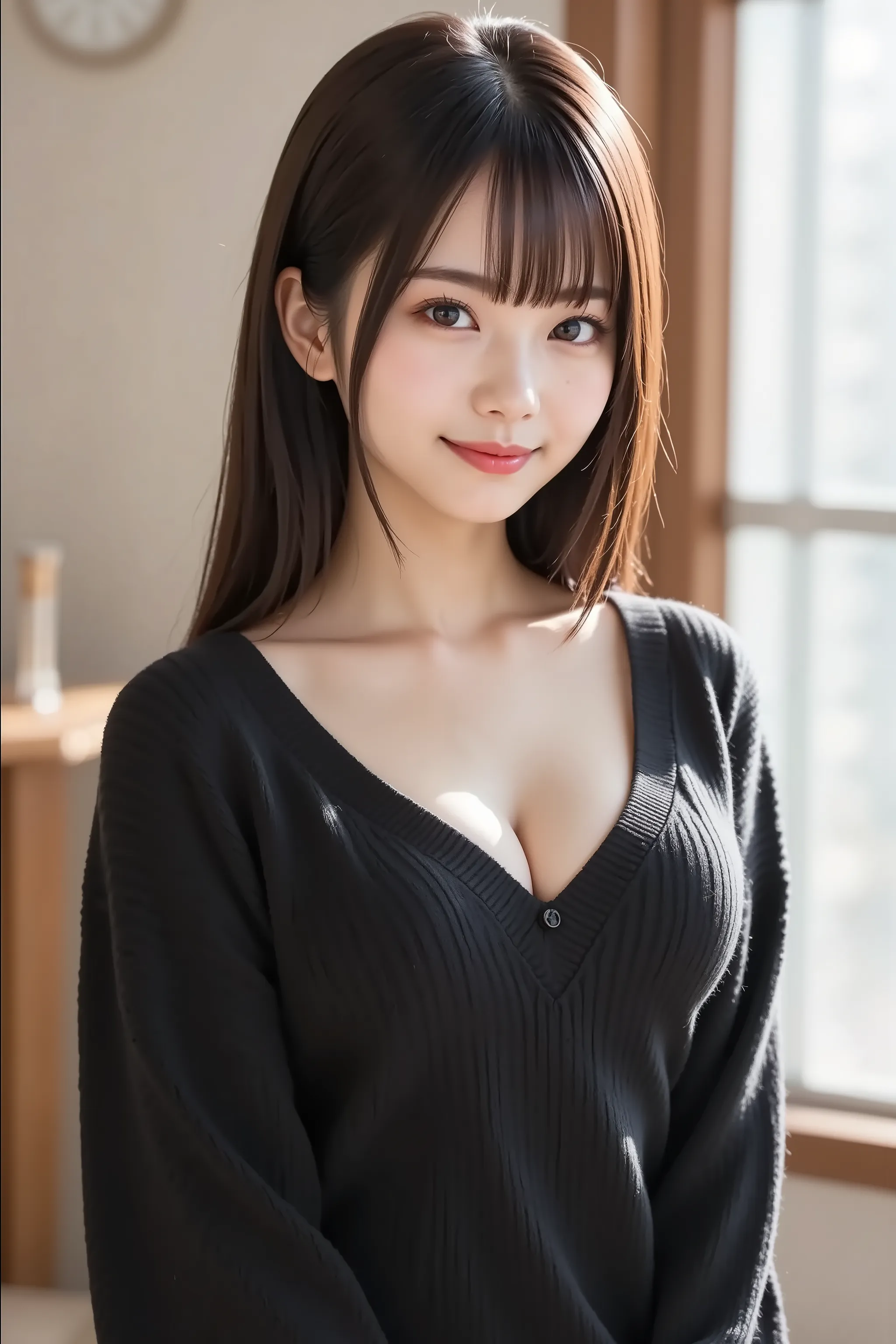 The face is positioned exactly in the center of the image , fully reflects the entire head , Face clearly visible、 black sweater, Hospital room, long hair caught in a hole、bungs, smile, young and cute japanese face , Official Art, high image quality CG Uni...