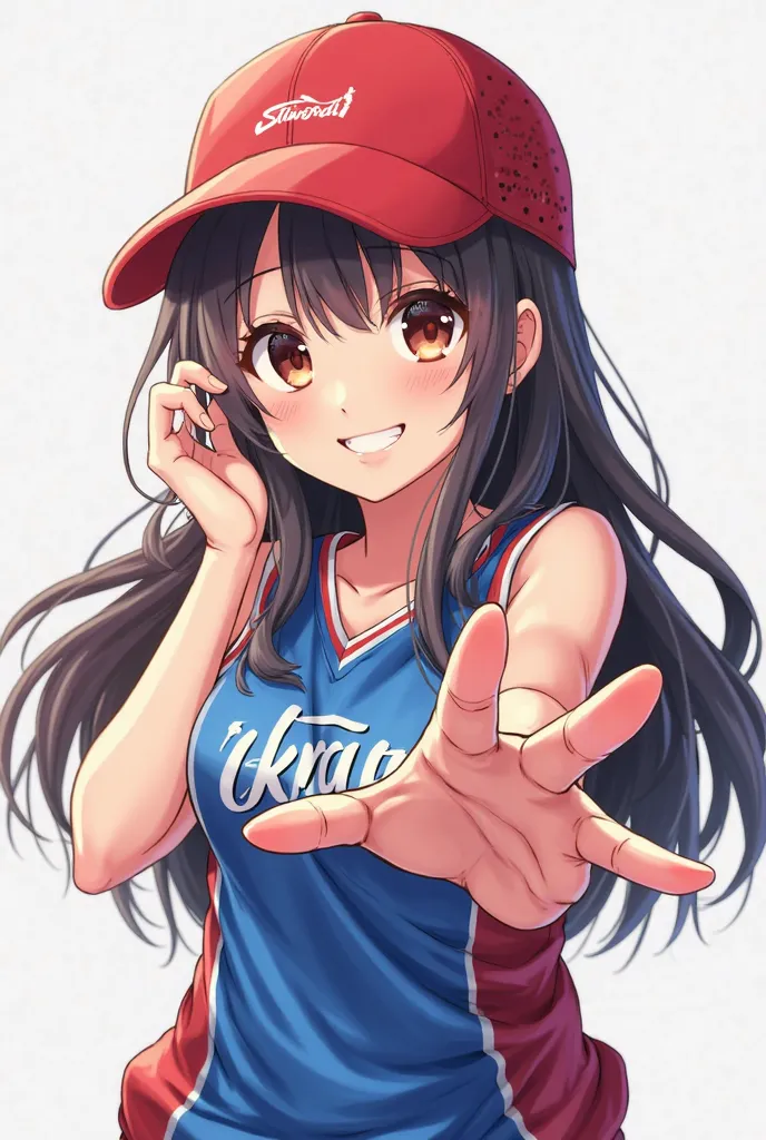 Female anime wearing a red cap, long hair, friendly face wearing a blue, red and white basketball jersey and gesturing with her hand.