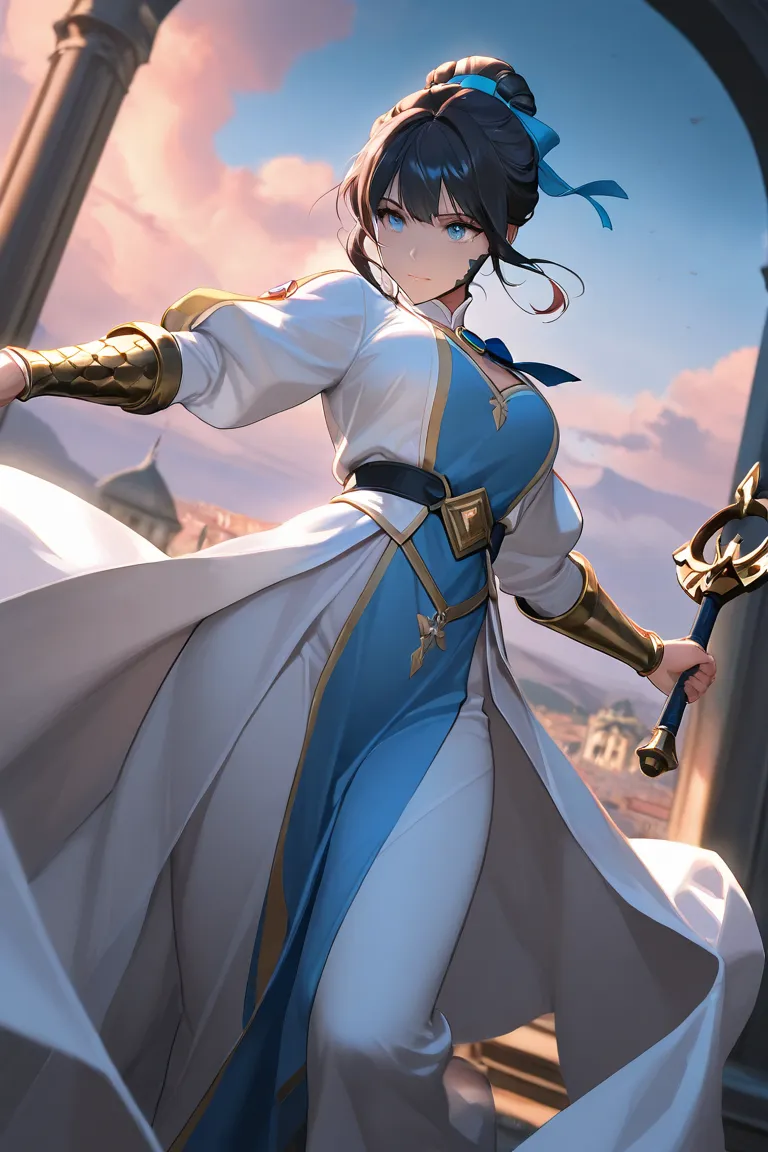 beautiful girl, bow bun hairstyle, dark hair, attractive, top quality, masterpiece, sky blue eyes, priestess outfit, cinematic shot, dark ambience, dynamic pose, mysterious, holding a scales of justice