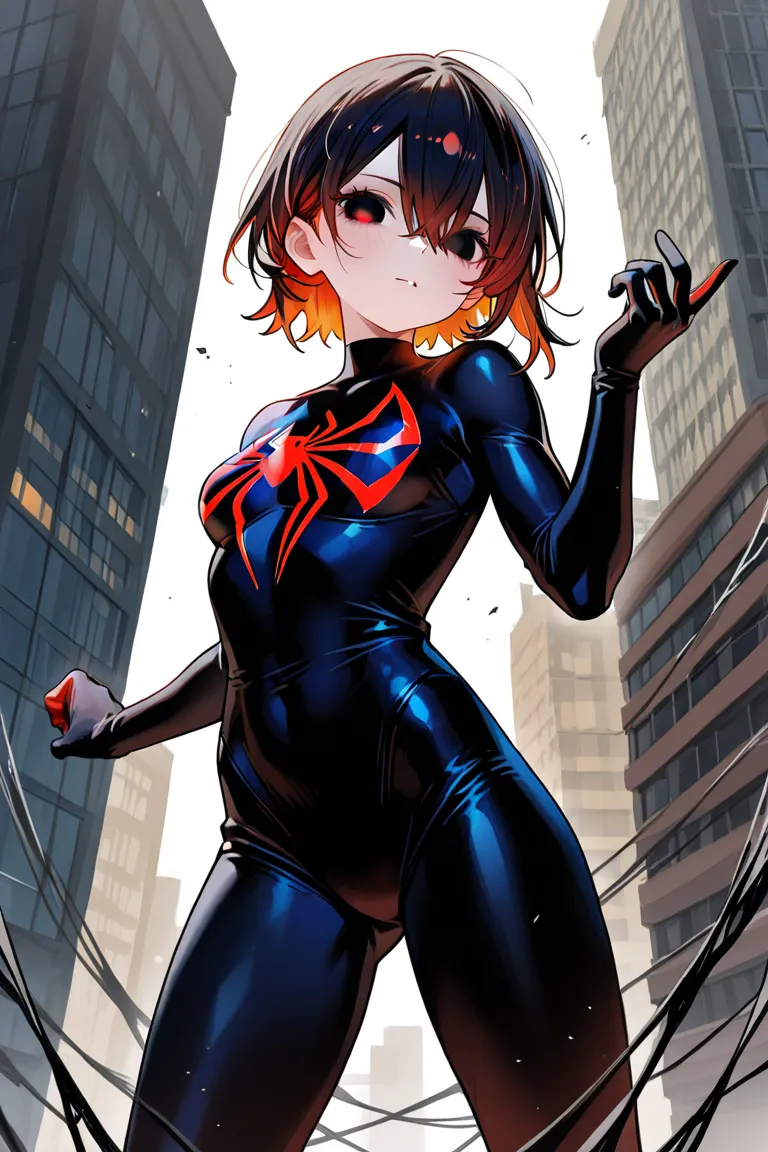 A black-eyed girl, Chestnut-colored hair with, A black Spider-Man costume, with gloves, standing 