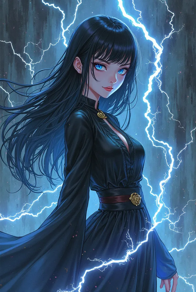 Create a picture of an anime girl named yRika around her with a lot of dark lightning