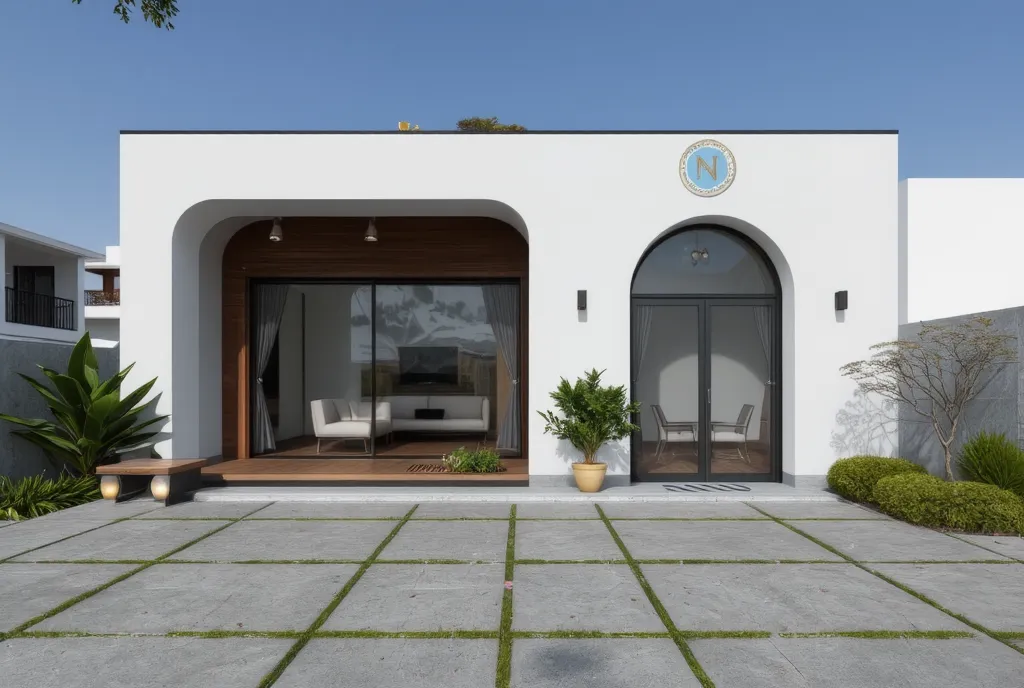 white house with covered porch and patio area, 3D rendering by Luis Miranda, trending on social cg, modernism, high performance rendering, high quality, architectural rendering, one house, professional rendering images, natural realistic rendering, precise...