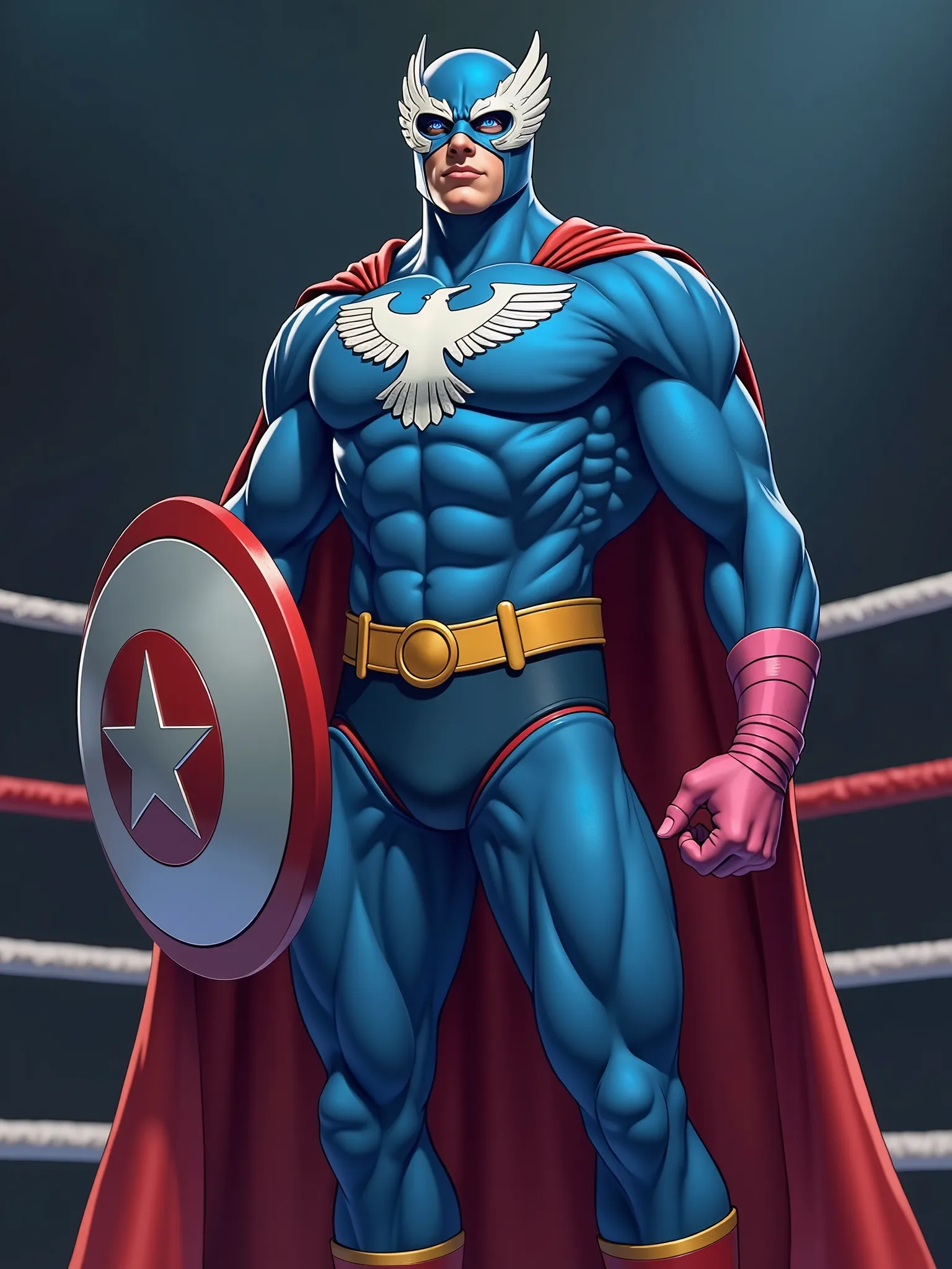 superhero　blue tight full body costume　188 cm　Body Type　round shield is a weapon　Muscle strengthening 　hero mask like Batman　eagle shaped mask　wear dark blue briefs from above　yellow belt　white eagle mark on chest　Eagle mark on forehead　  red long boots　re...