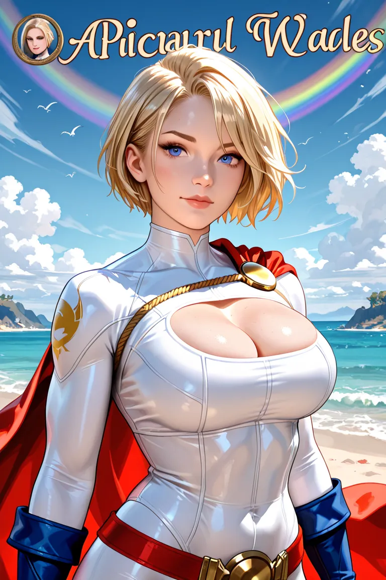 character art, a picture of Power Girl showing off her beautiful body floating in heavenly waves above island of atlas, earthy rainbow tones, vibrant colours 