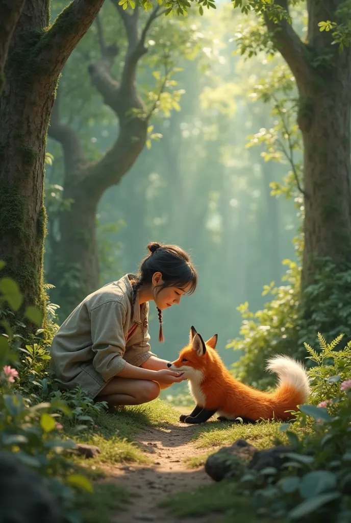 (photorealism:1.2), he went to the forest and found a sick fox and helped him