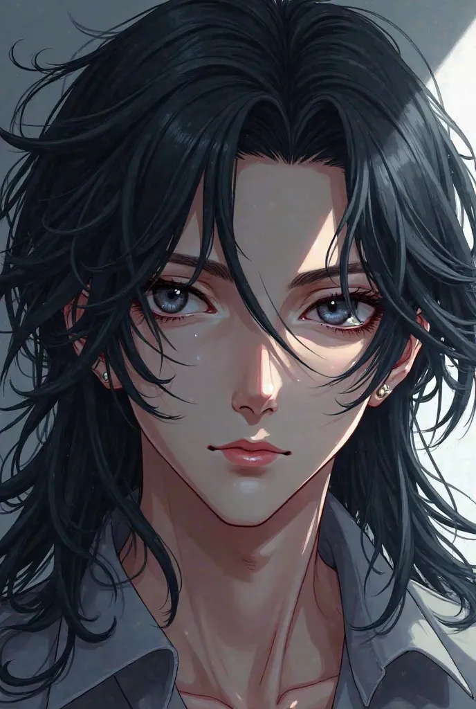 long hair, solo, anime, character,  black hair　 man　beautiful