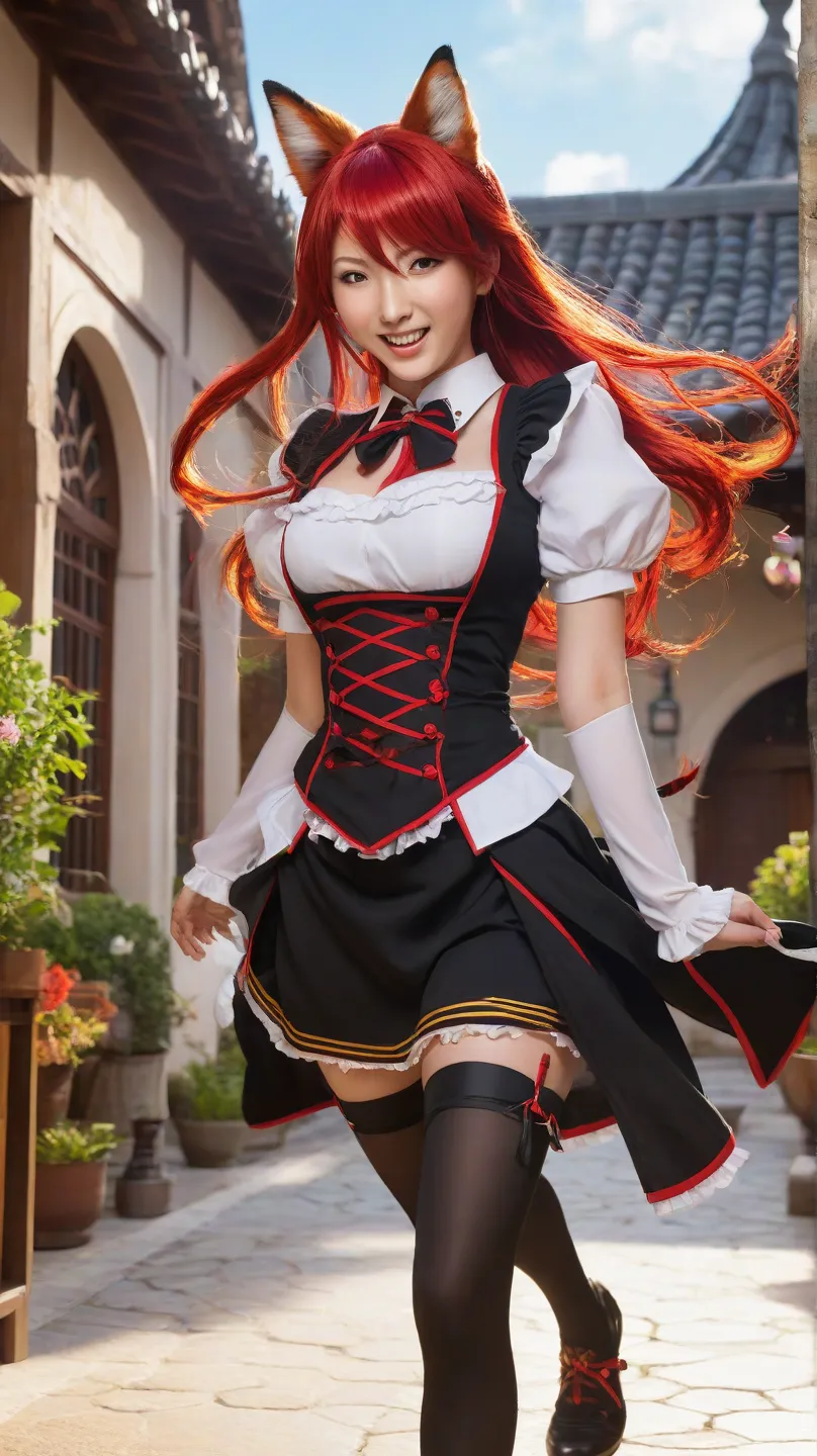 A lively and mischievous battle maid, identical to her anime design, walks towards the camera with a playful and confident stride, her fox-like smirk hinting at her fun-loving nature. Her vibrant red hair flows naturally as she moves, and her sharp golden ...