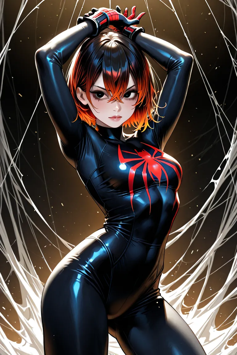 A black-eyed girl, Chestnut-colored hair with, A black Spider-Man costume, with gloves, Dynamic standing pose