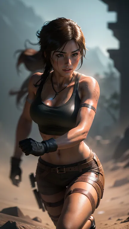 depth of field, cinematic lighting, motion blur, chromatic aberration, ray tracing, anime, 8k, super detail, best quality, 1080P, HD, 4K, 16k. Anime Lara Croft from Tomb Raider, athletic, action shot, epic image