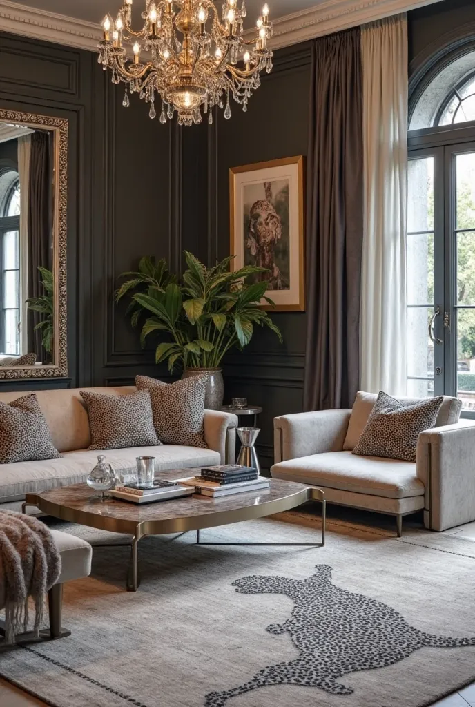 For a chic and luxurious leopard-themed living room, inspired by high-end hotel aesthetics, opt for a sophisticated color palette of deep neutrals like charcoal, taupe, and ivory, accented with silver for a touch of opulence. The main statement piece could...