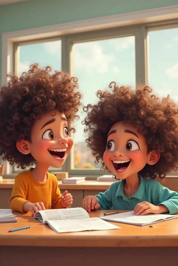 CARTOON OF TWO CURLY-HAIRED S LAUGHING TOGETHER IN AN EDUCATION ROOM 