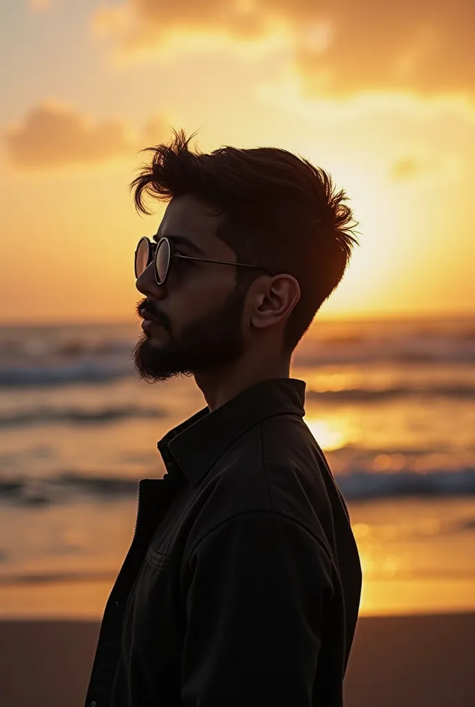 Shadow photo near beach of boy with sunglasses and some beared