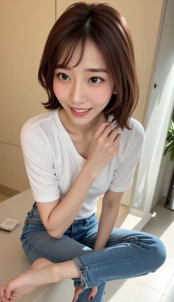 Yoga pose standing with one leg raised、white shirt、 Skinny Denim Pants 、 black hair、high quality Japanese woman、 Marunouchi OL、First-year working student、 laugh、LOL、happy expression、 full body image、4K Digital Photography、professional、Extremely fine textur...