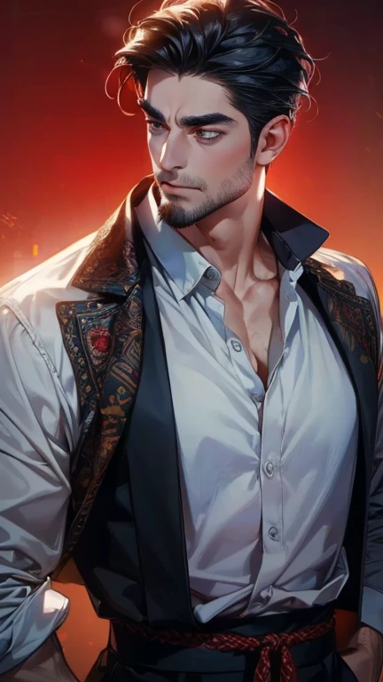 (    best quality,4K,8k,    highres,    masterpiece :1.2),    breasts    ,(Realistic,photoRealistic,photo-Realistic:1.37),36-year-old man,3 day beard,Beautiful anime,Portraits,strong,masculine,      with black hair  ,sharp jaw,        mesmerizing eyes     ...