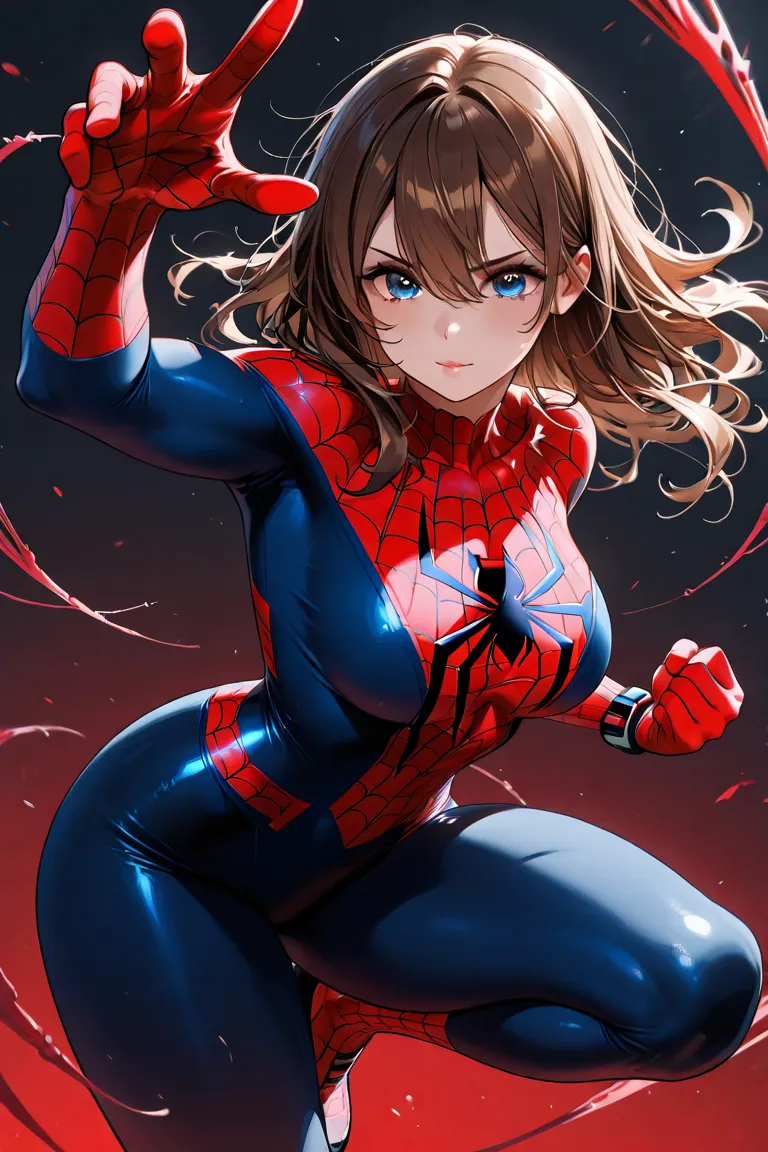 A girl with blue eyes, Long brown hair with, A Spider-Man costume , with gloves, dynamic pose loosening web