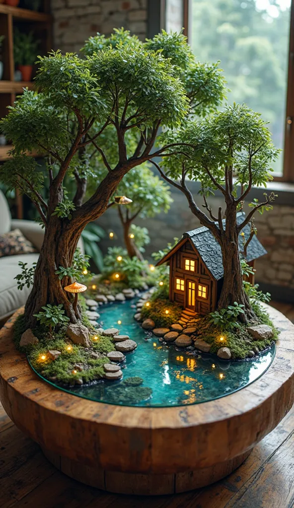 A round wooden coffee table with a lush, enchanted forest scene under a glass top. Towering ancient trees with glowing mushrooms and tiny fireflies create a mystical atmosphere. A small, crystal-clear stream flows through the forest, with tiny stepping sto...