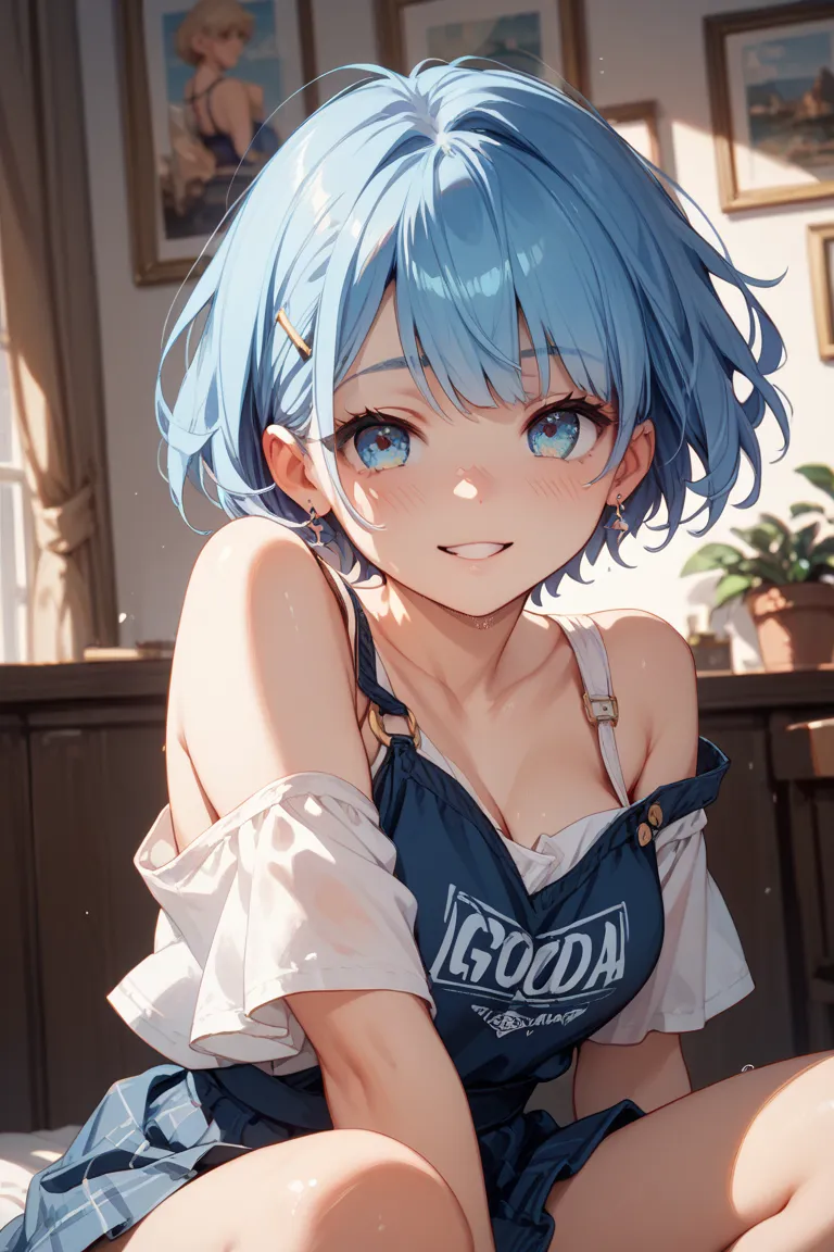 Cute short haired girl with blue hair making a face that feels good after being had sex