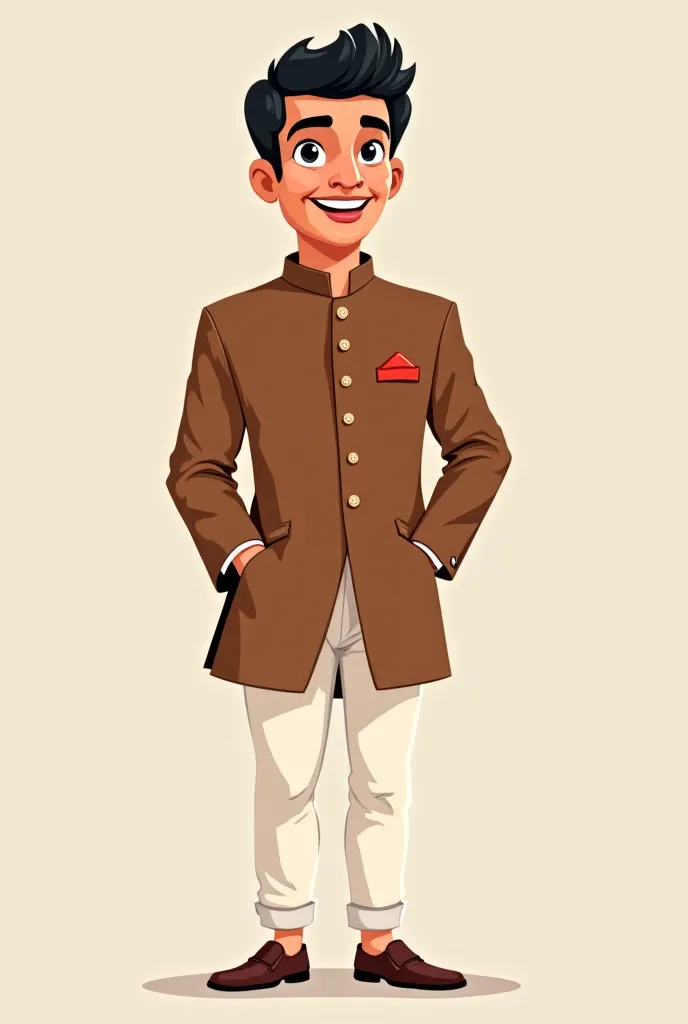 a cartoon man in a brown jacket and white pants, a character portrait inspired by Bholekar Srihari, shutterstock, samikshavad, character full body portrait, full length character, full body character, full body character portrait, dressed in a jodhpuri sui...