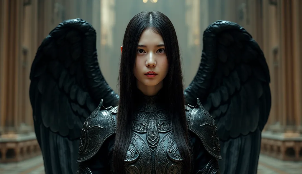 Top Quality Masterpiece Female Angel Warrior Gothic Extremely Beautiful Long Red Eyes Black Hair Black Wings Fallen Angel Woman Wearing Black Clothes and Armor Complex Cathedral Super Detailed 8K Extremely Realistic and Detailed