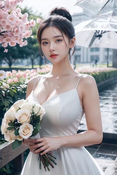 (RAW, Photoreal:1.5, 8K, highest quality, masterpiece, ultra high resolution), ((((petal, blossom season)))), 1girl, Wife, Beautiful face, Perfect Face, Highly detailed skin and facial textures:1.3, perfect dynamic composition:1.2, (outdoor at day in a Par...